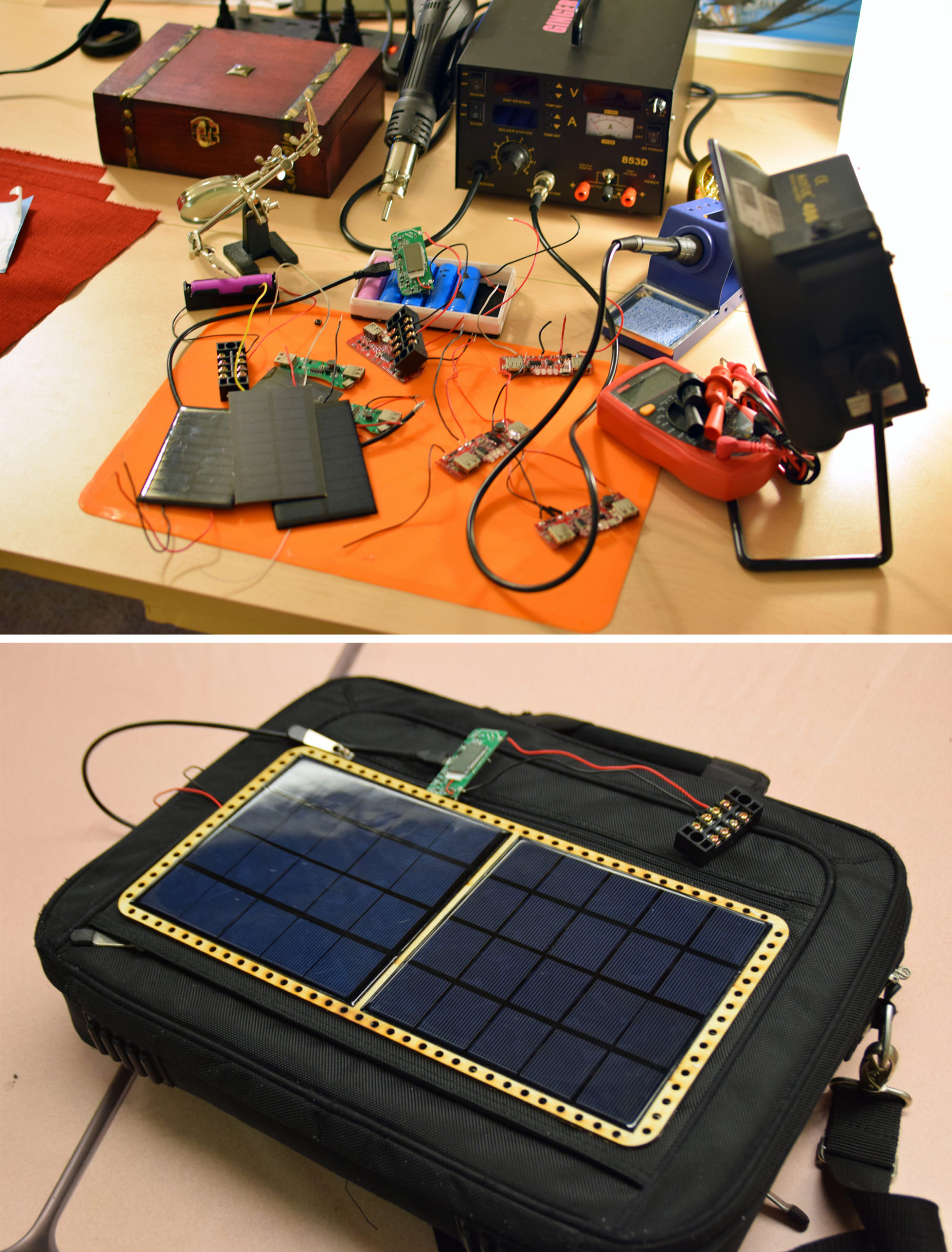 Prototype 1 of the solar panel battery charger laptop bag. I tied in a bank of 18650 cells I harvested from recycled laptop batteries.


